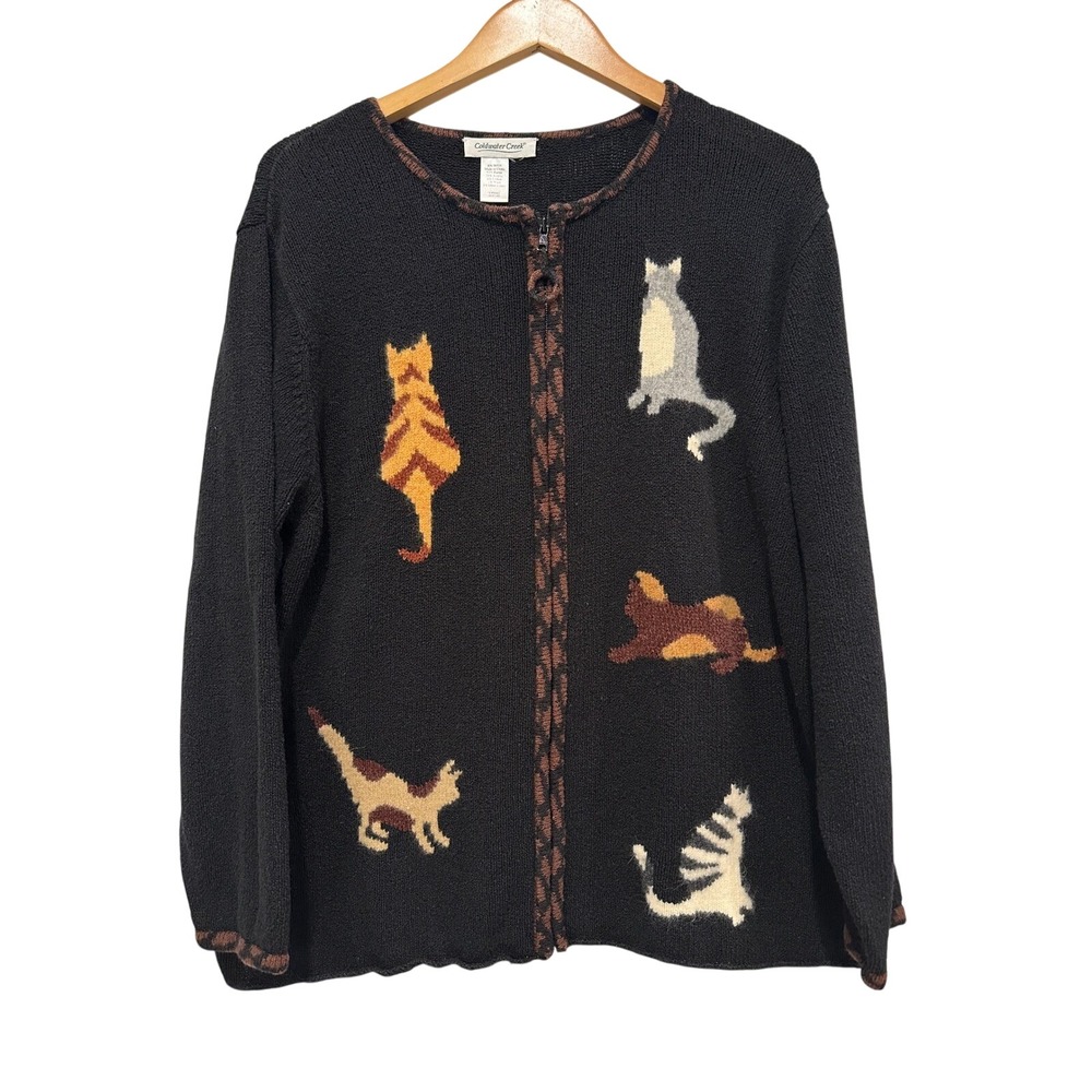 Embroidered Cat Intarsia Knit Zip Front Cardigan Sweater Cat Lady Grannycore